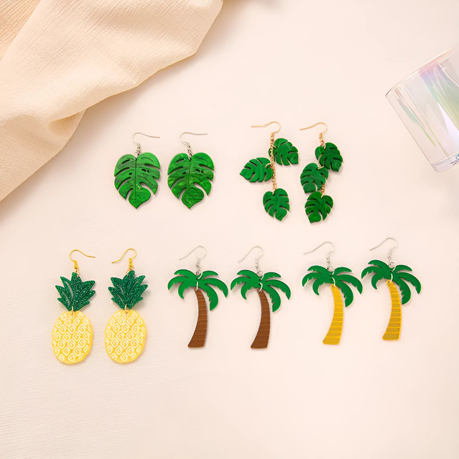 Acrylic drop-shaped earrings with coconut and Artocarpus heterophyllus summer botanical designs in five colour styles