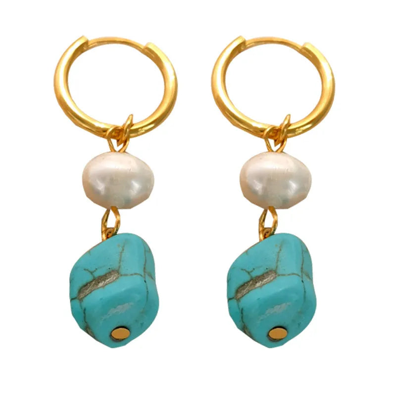 Geometric cultured pearl and turquoise ear clip earrings showing both short and dangle styles