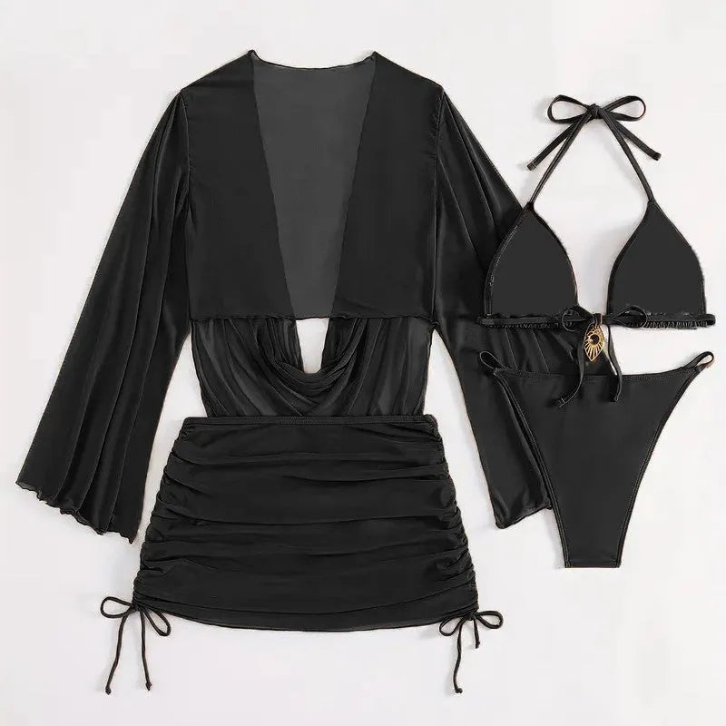 Dark brown women's lace-up bikini set with backless design on a mannequin