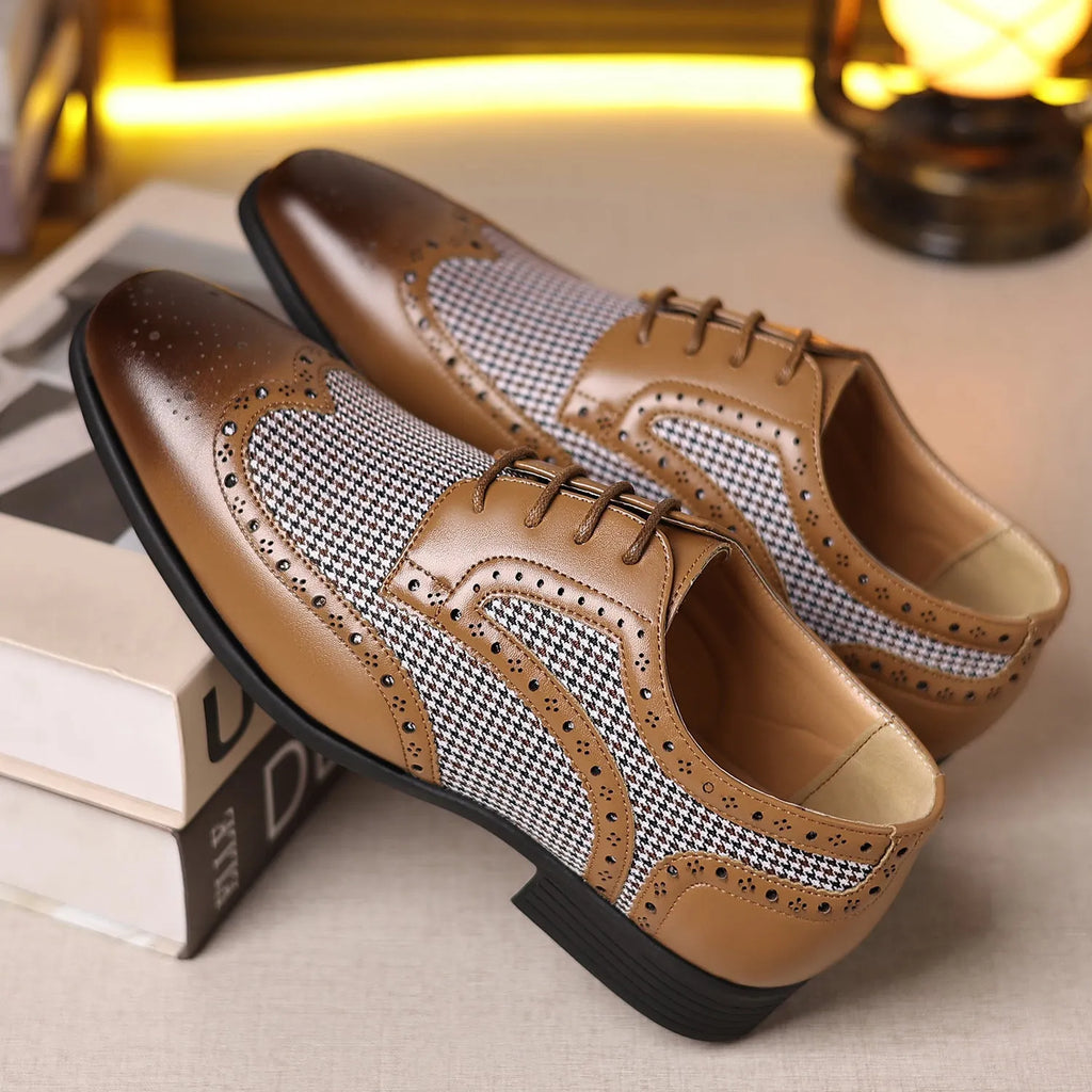 Men's houndstooth plaid casual shoes in black with a square toe and rubber sole.
