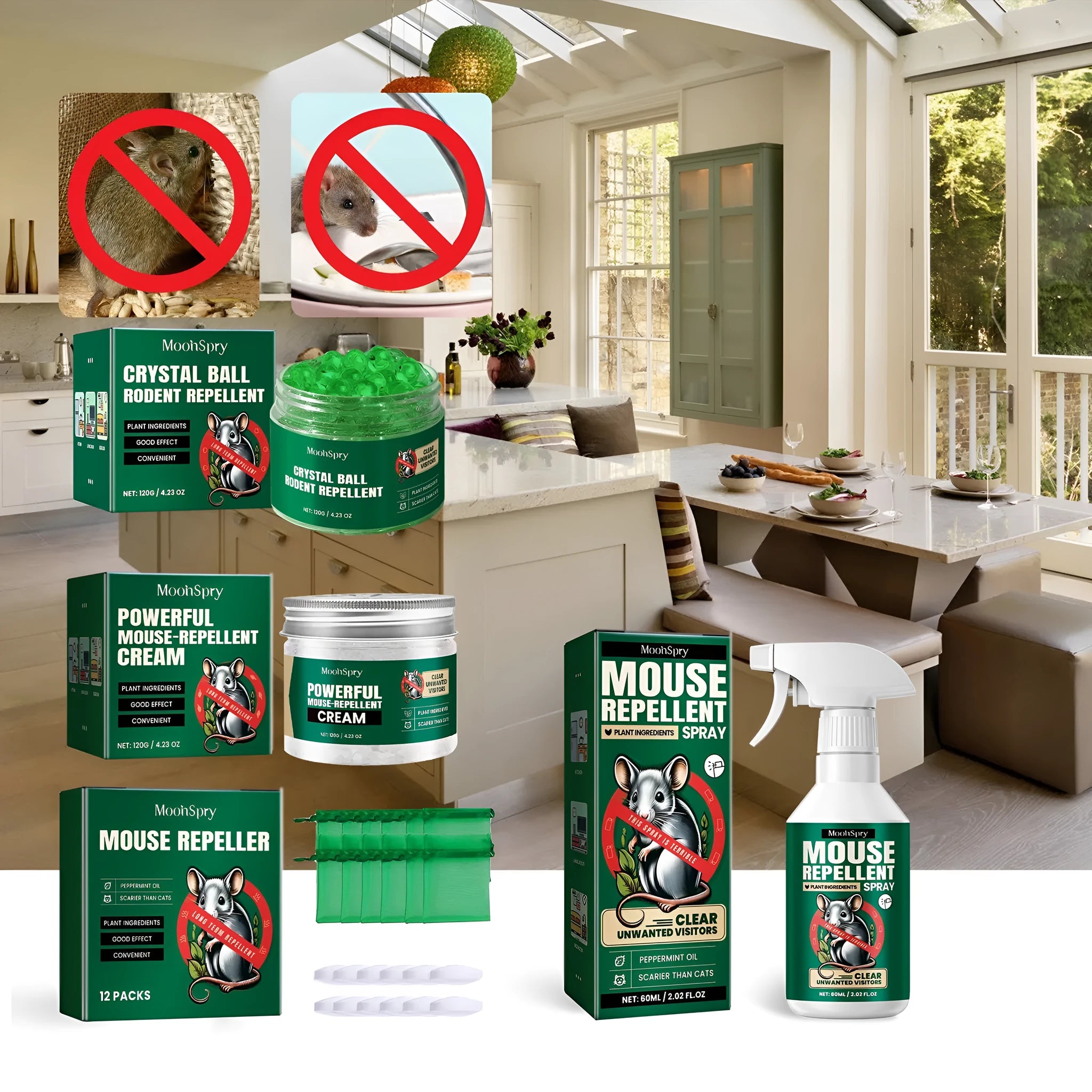 60ml rat repellent spray bottle with botanical essential oil formula for home and car use.
