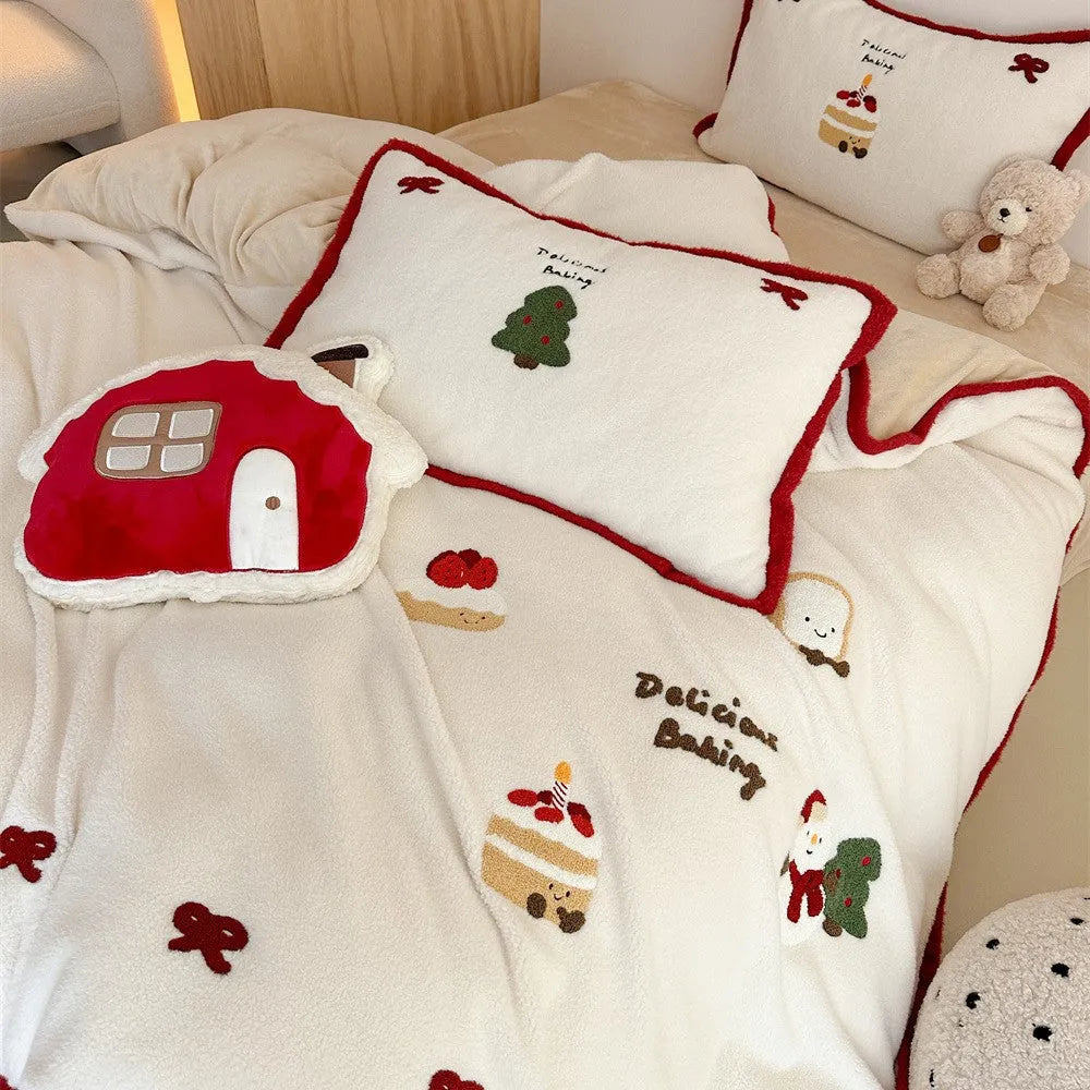 Cartoon winter Christmas themed polyester bedding four-piece set showing bed sheet, duvet cover, and pillowcases