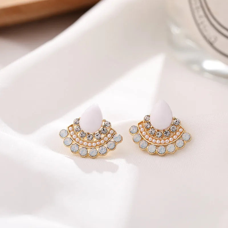 Women's sterling silver retro fan-shaped needle opal rhinestone earrings