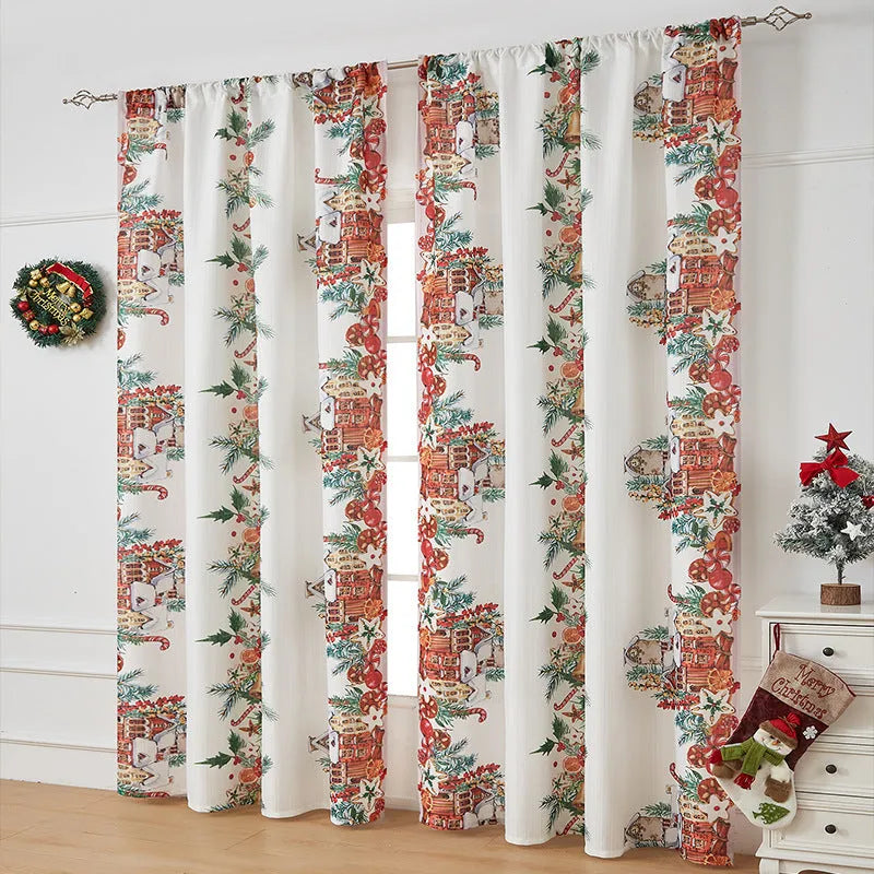 Rectangular printed Christmas curtain with semi-sunshade fabric on a window.