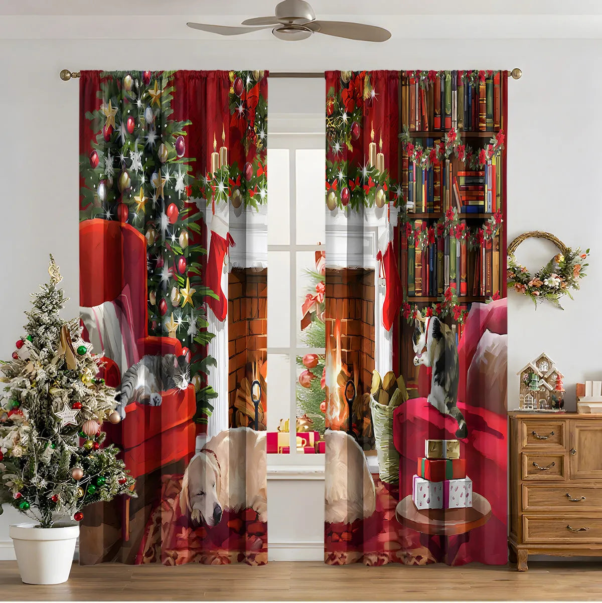 3D digitally printed Christmas curtain panel showing a modern European festive design, made from polyester fabric.