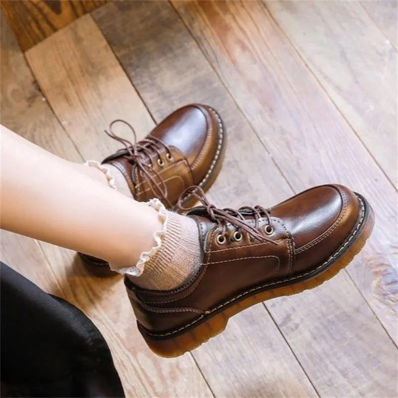 Women's black preppy retro Mary Jane shoes with front lace-up and low square heel