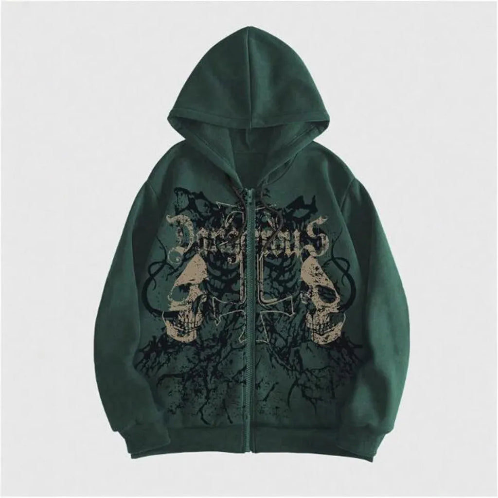 Black men's hooded sweatshirt with a large white skull graphic print on the front