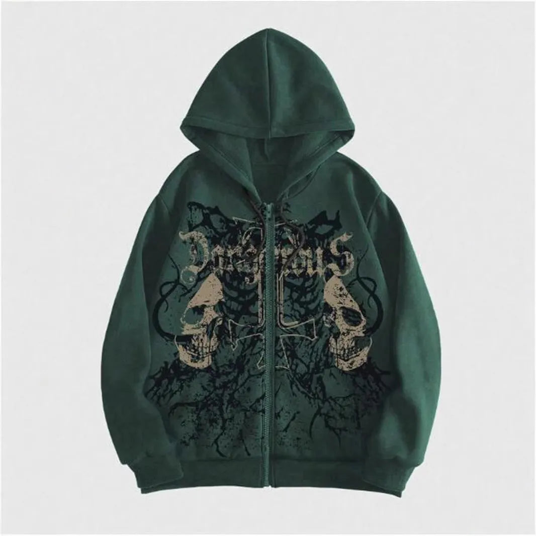 Black men's hooded sweatshirt with a large white skull graphic print on the front