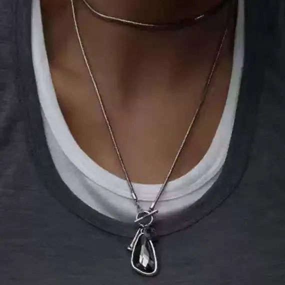 Long geometric alloy necklace with snake bone chain in blue water drop colour