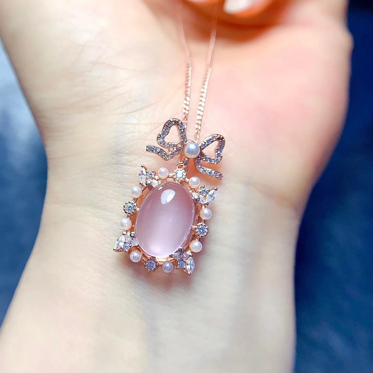 Geometric rose quartz pendant necklace with silver chain and rose gold plating