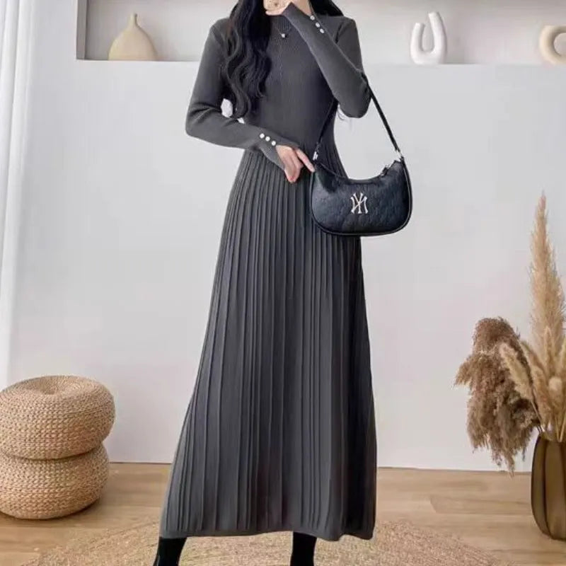 Women's high-waist polyester A-line skirt in a solid colour, mid-length below the knees.