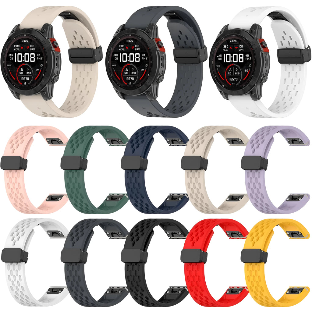 Garmin Fenix quick release silicone watch strap in multiple colours on a grey background.