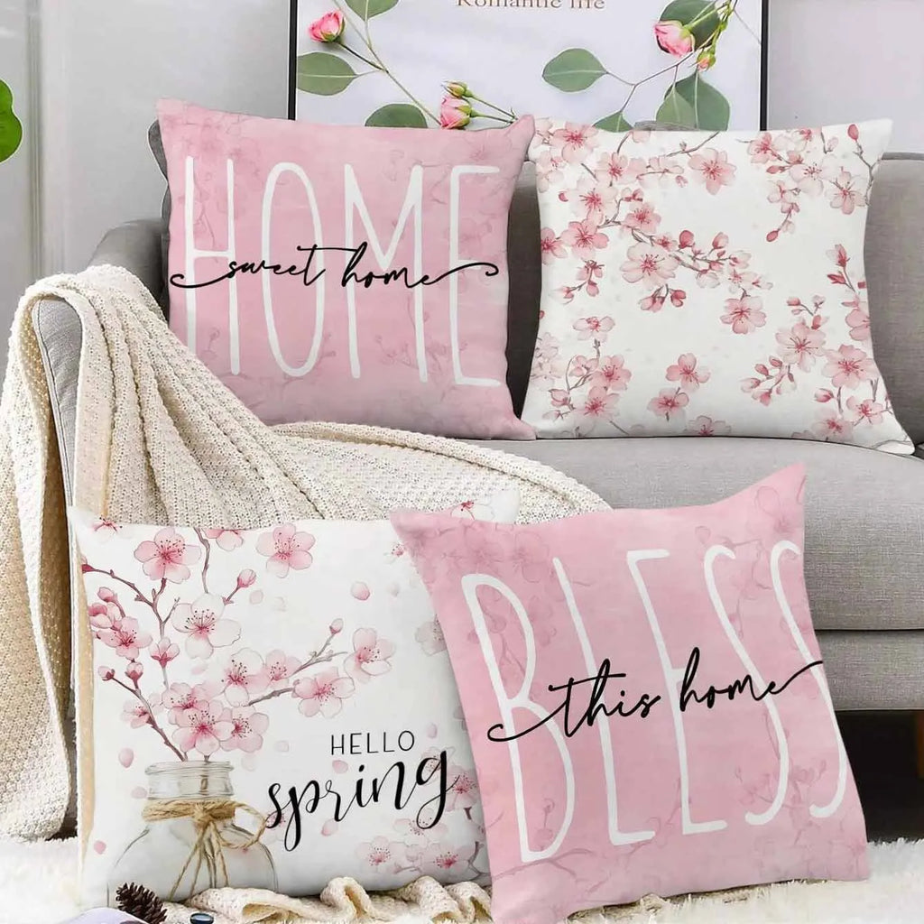 Square short velvet cushion cover with cherry blossom and letter print, 45cm size.