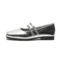 Women's silver genuine leather ballet flats with a cross buckle strap and flat sole.