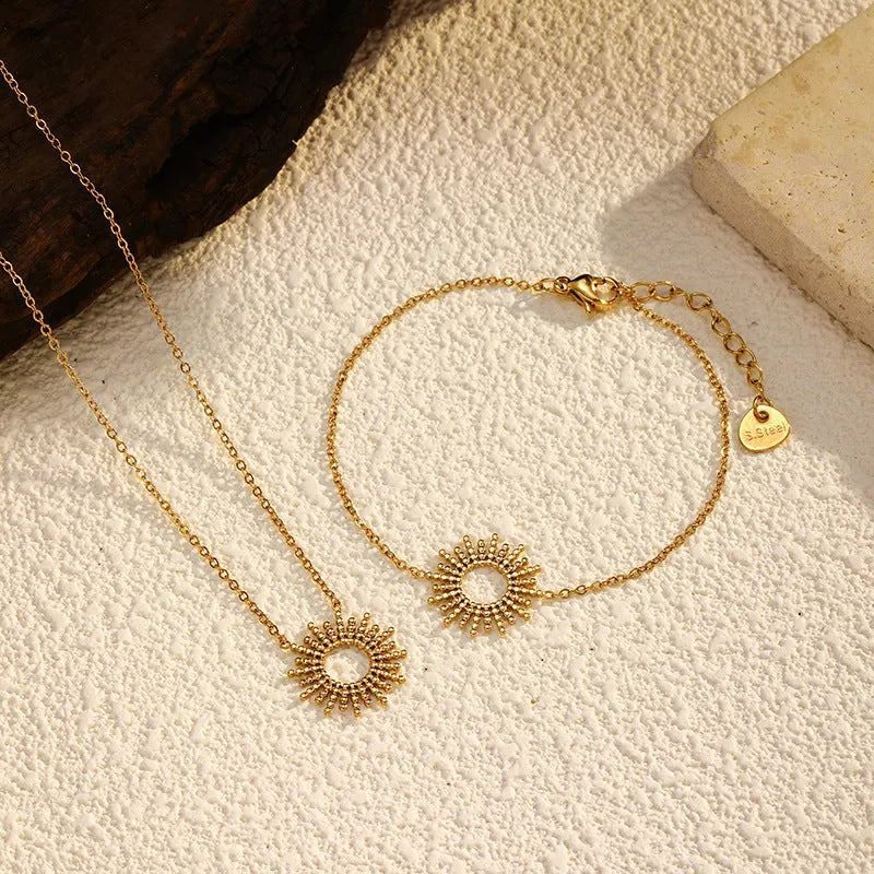 Sunflower-themed women's necklace and bracelet set in yellow gold 14K stainless steel