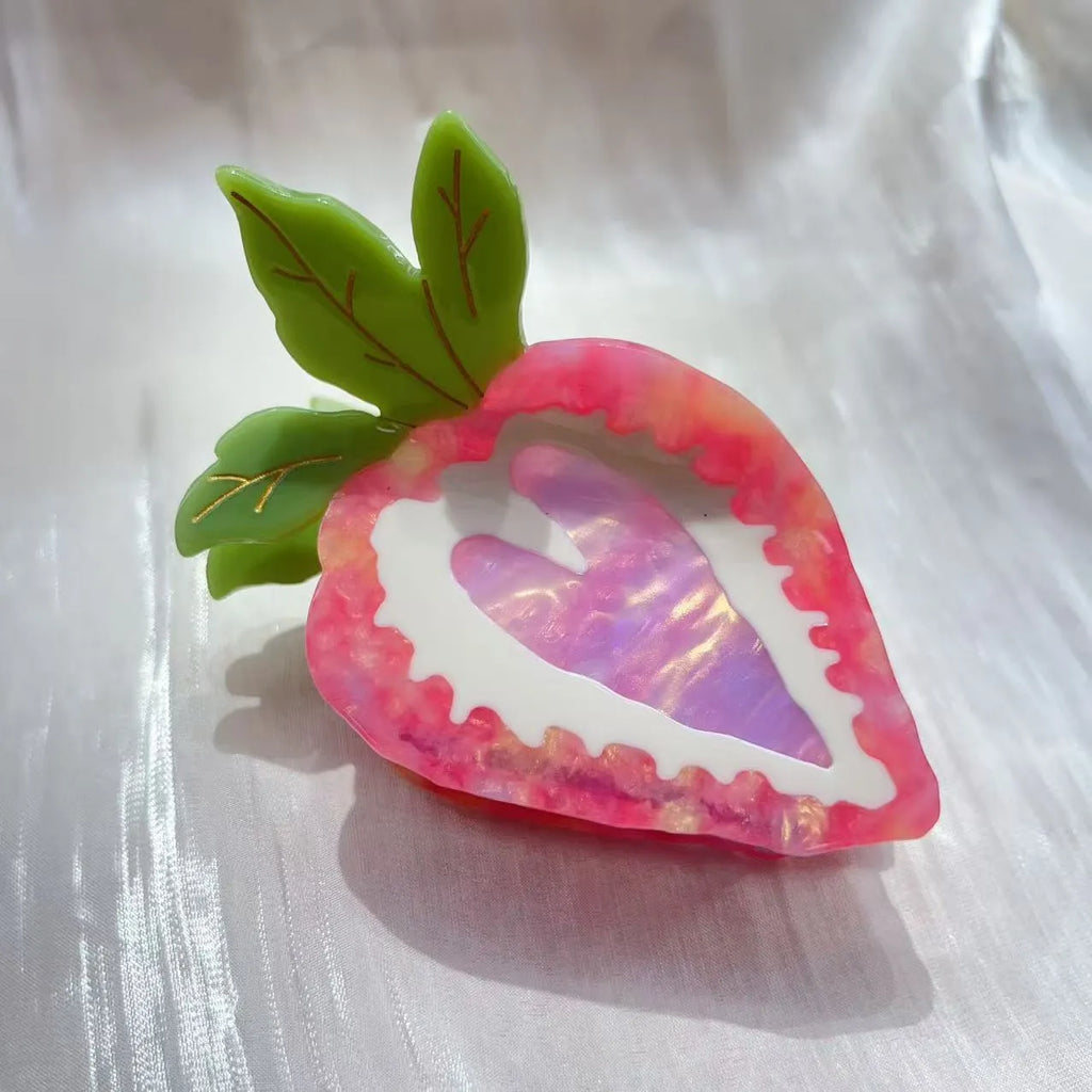 Hand-made red strawberry shaped resin hair clip with green leaf and metal clip for girls.