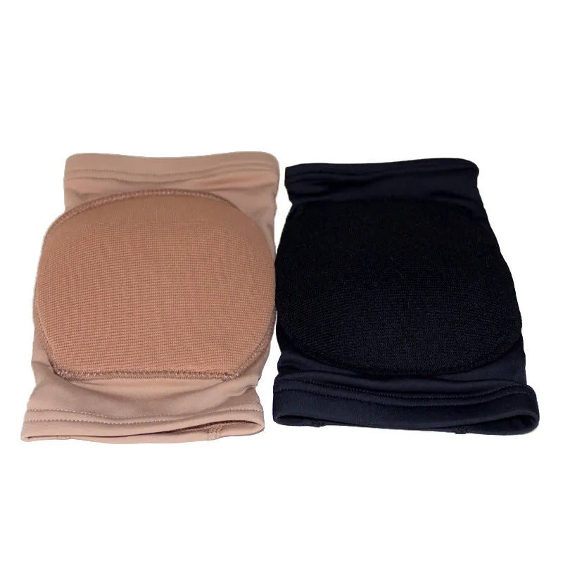 A pair of black ballet and dance knee pads for yoga exercise, shown alongside a skin colour pair.