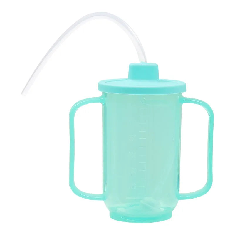 Oblique mouth anti-choke drinking cup for elderly adults with handle, lid, and optional wrist splint.