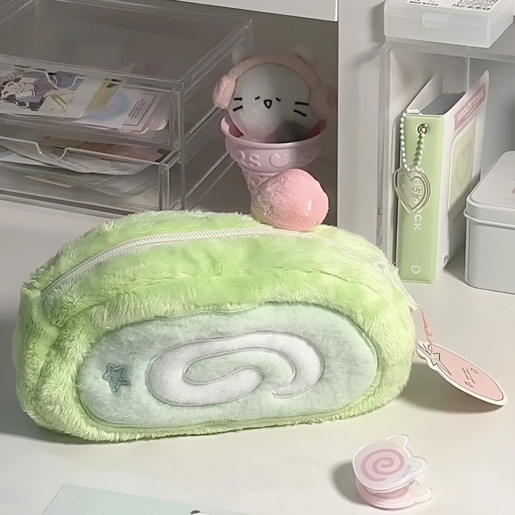 Cream and pink Swiss roll cake design velvet pencil case roll organiser.