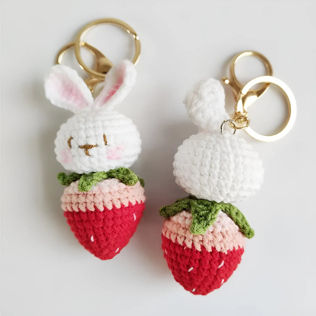 Hand-woven white rabbit strawberry pendant made from doll wire with attachment key