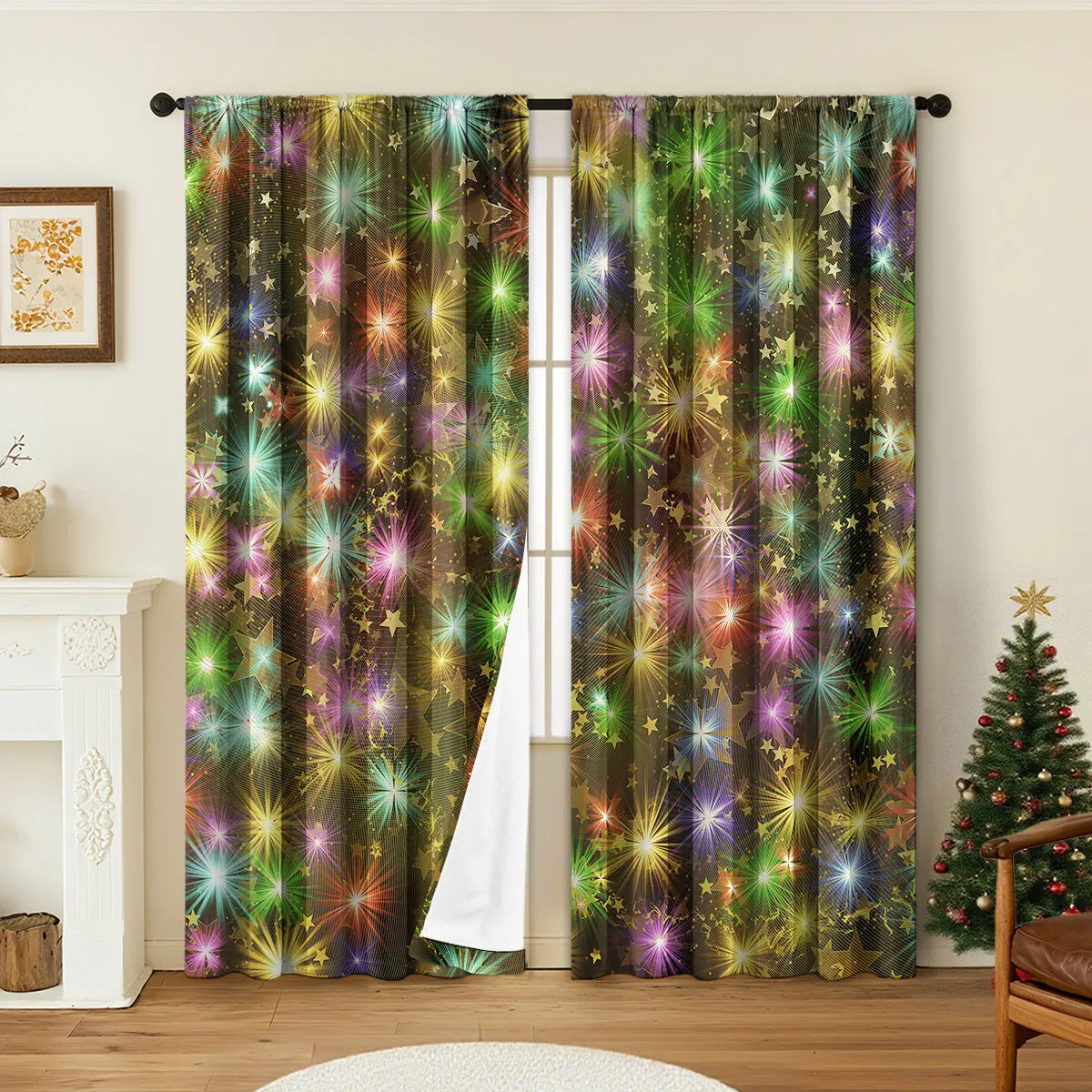 A pair of 3D digitally printed Christmas curtains with a festive European pattern hung on a window.