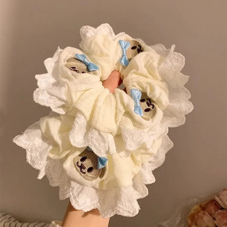 Bear blue bowknot lace large intestine hair ring made from high elasticity cloth material