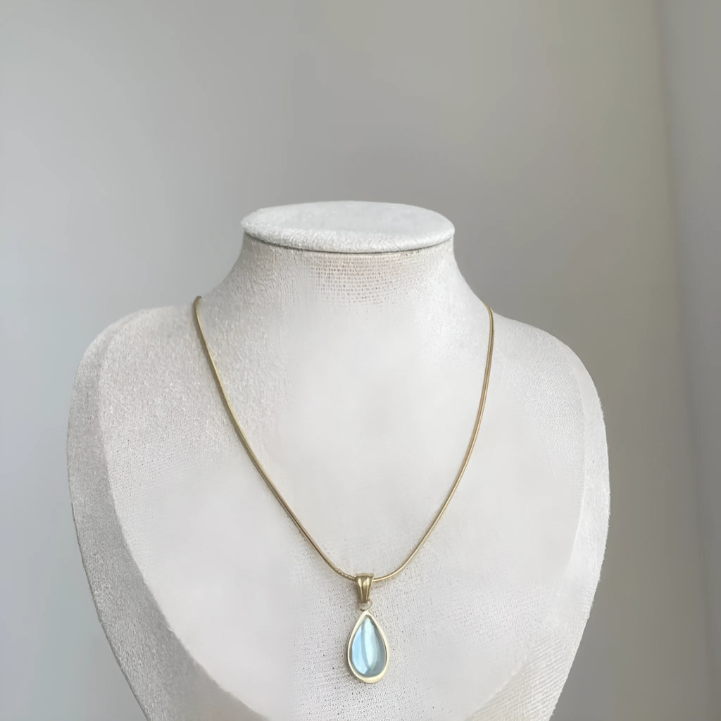 Water drop necklace with gem inlay pendant on titanium steel snake bones chain in blue or green
