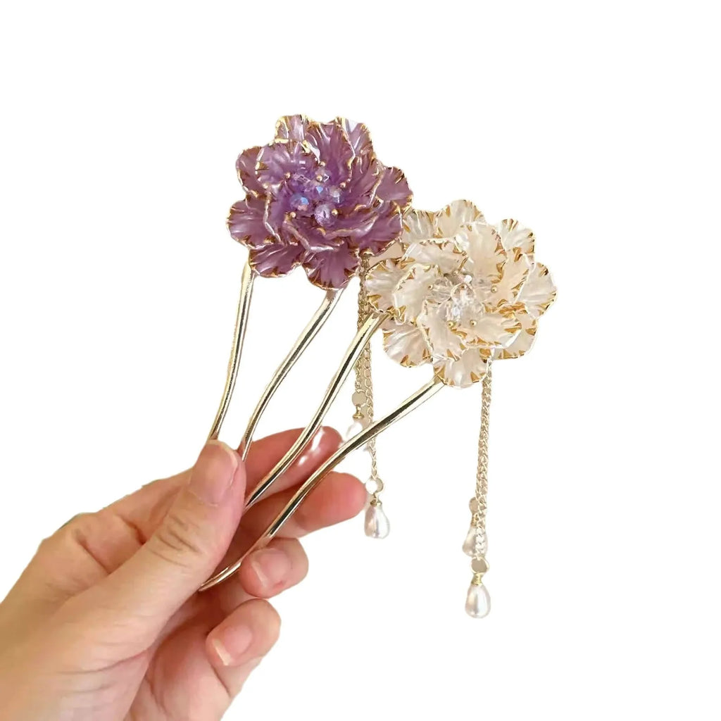 Purple and white alloy U-shaped hairpin with detailed peony flower and tassel decoration