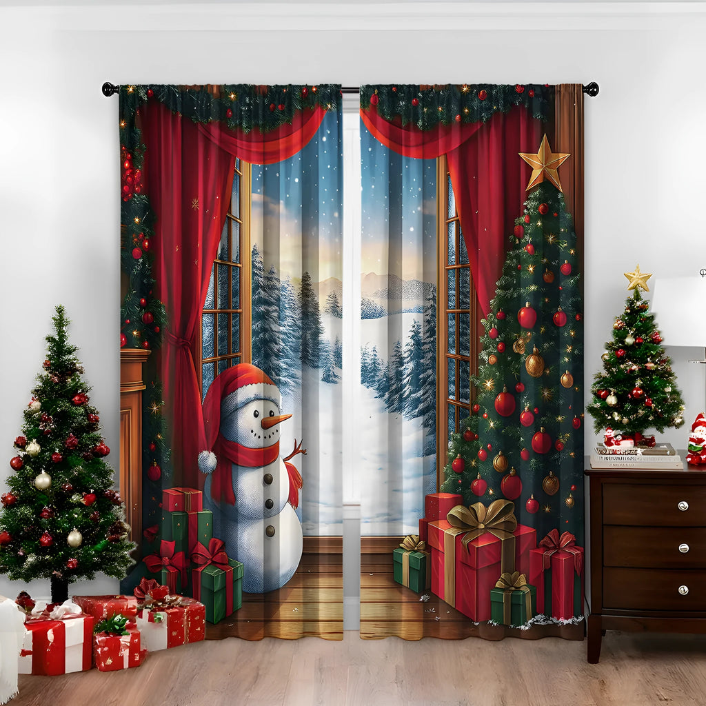 3D digitally printed Christmas curtain panel showing a modern European festive design, made from polyester fabric.
