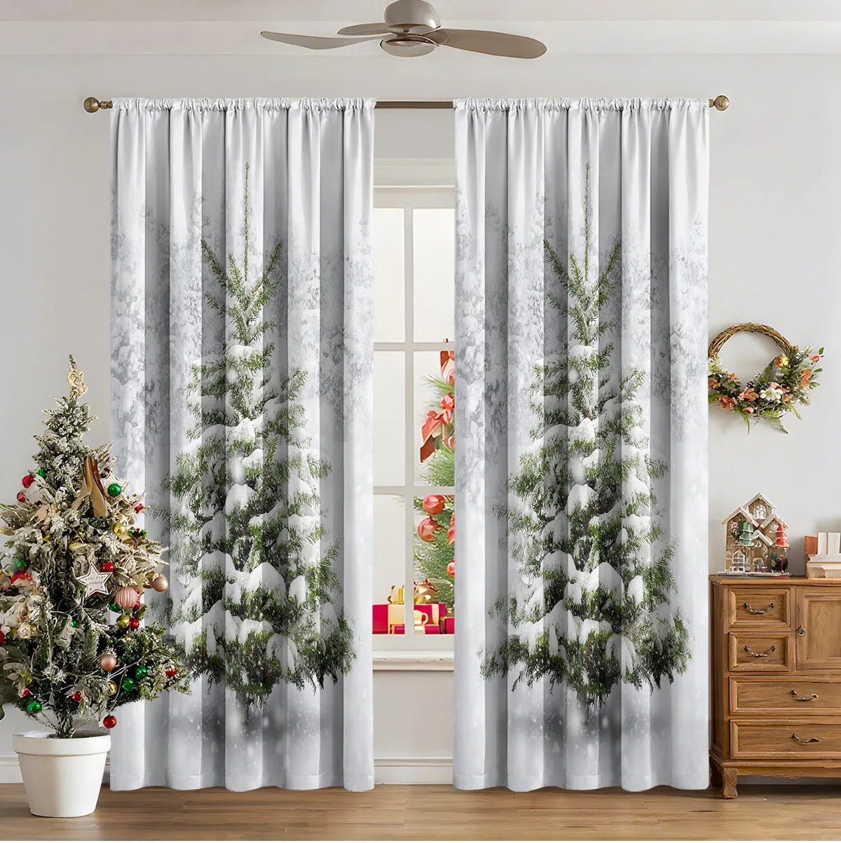 3D digitally printed Christmas curtain panel showing a modern European festive design, made from polyester fabric.