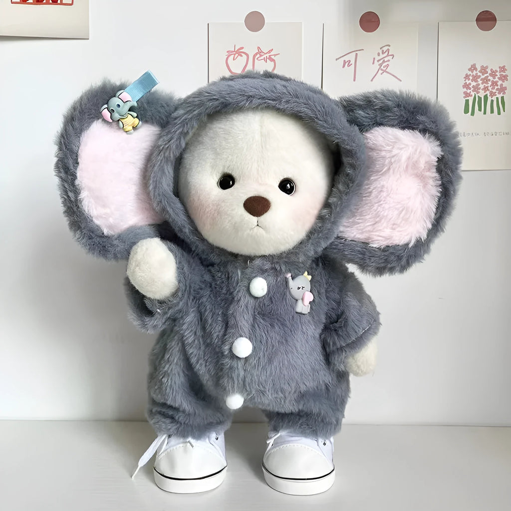 Grey elephant jumpsuit for 30cm teddy bear doll on plush material