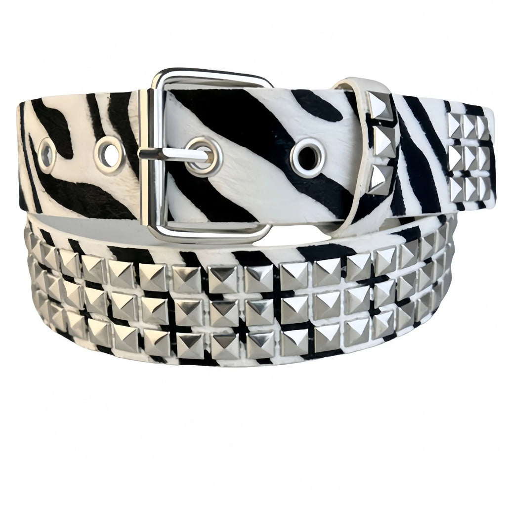 Women's punk fashion belt with metal decorative rivets in pyramid stud patterns including brown leopard, white zebra, and rose red leopard options
