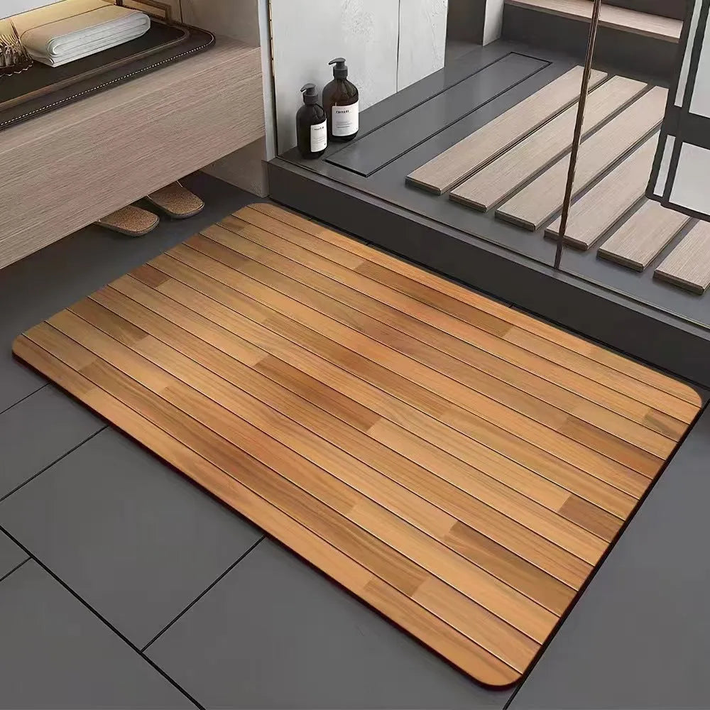 American wood grain pattern diatom mud bathroom floor mat in square shape on bathroom tiles