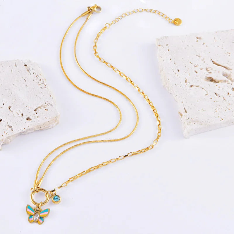 Gold titanium steel butterfly necklace and bracelet set with snake bones chain