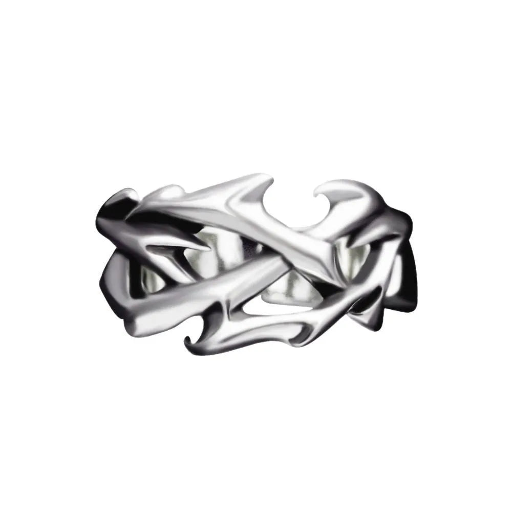 Copper thorn flower ring with adjustable opening and geometric design.