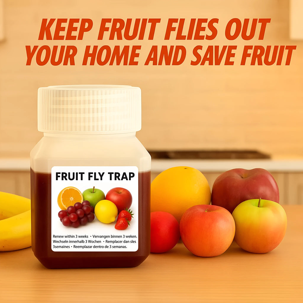 Clear plastic bottle of fruit fly trapper bait liquid with labelling showing specifications