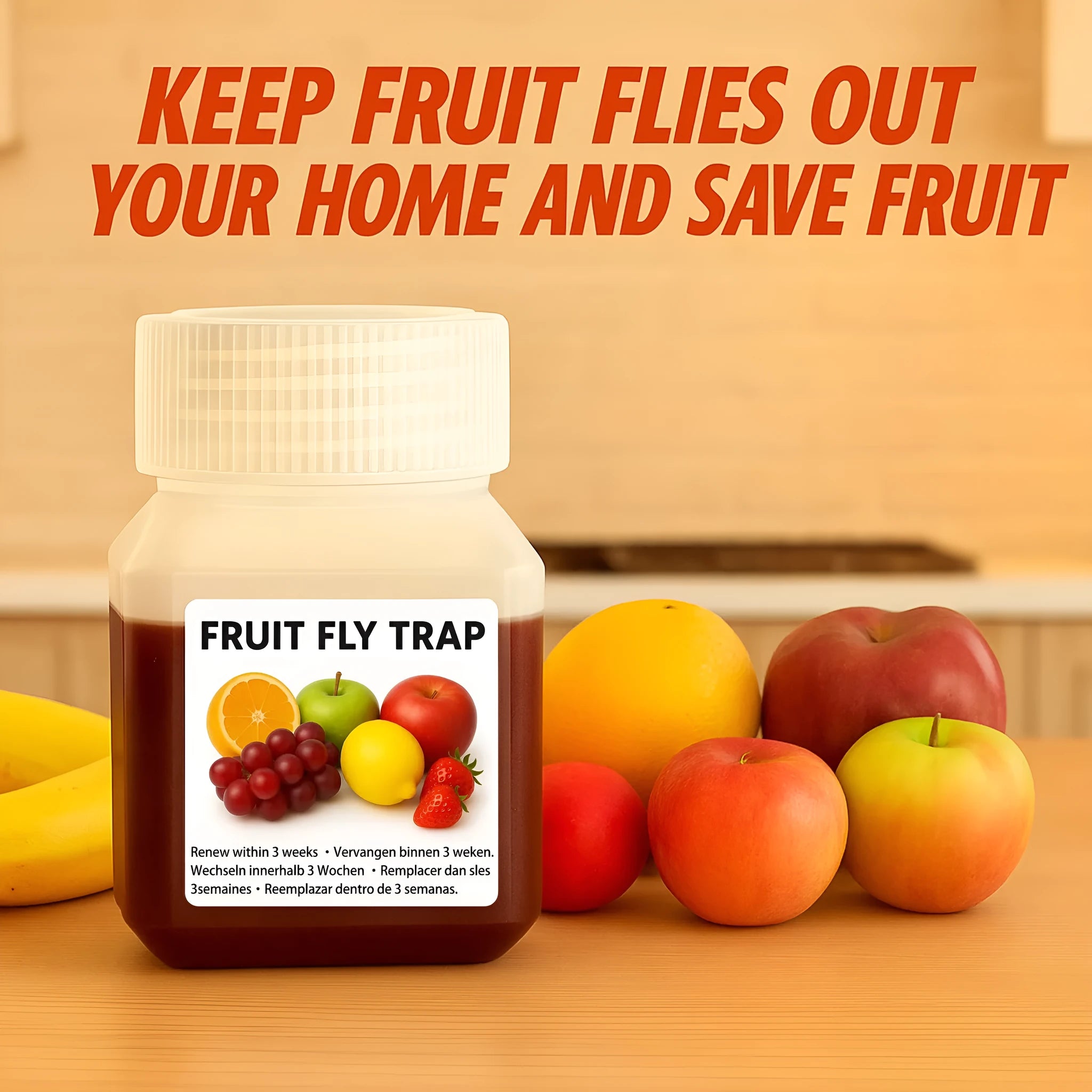 Clear plastic bottle of fruit fly trapper bait liquid with labelling showing specifications