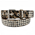 Women's punk fashion belt with metal decorative rivets in pyramid stud patterns including brown leopard, white zebra, and rose red leopard options