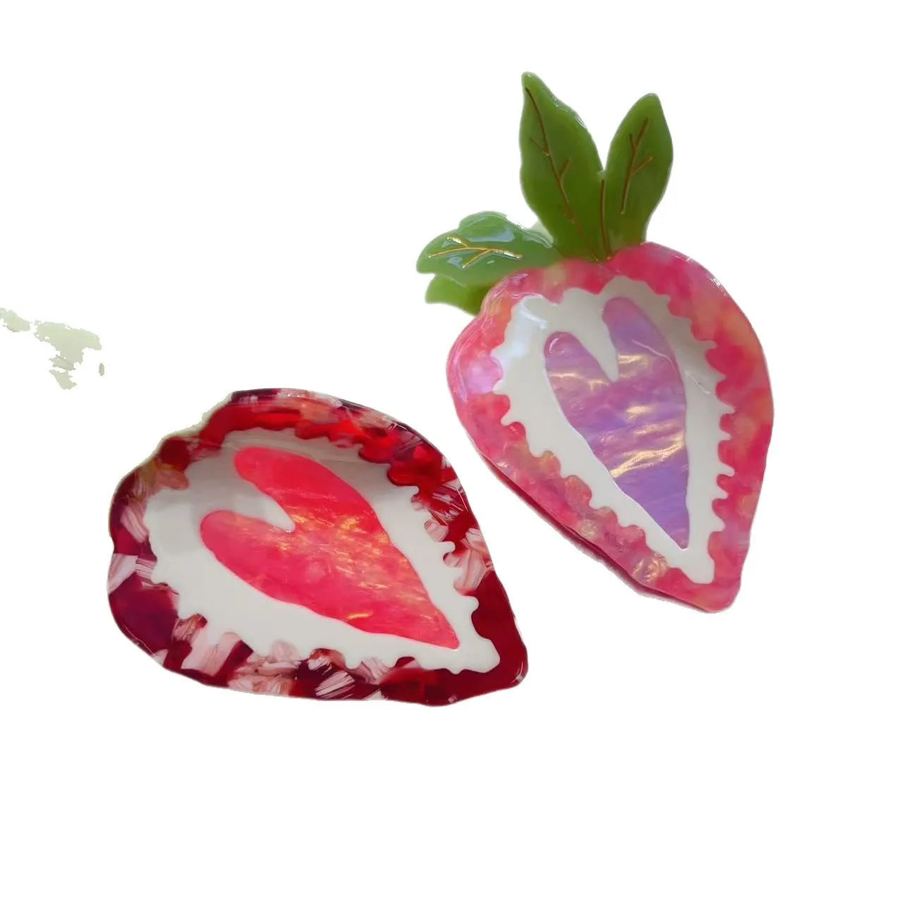 Hand-made red strawberry shaped resin hair clip with green leaf and metal clip for girls.