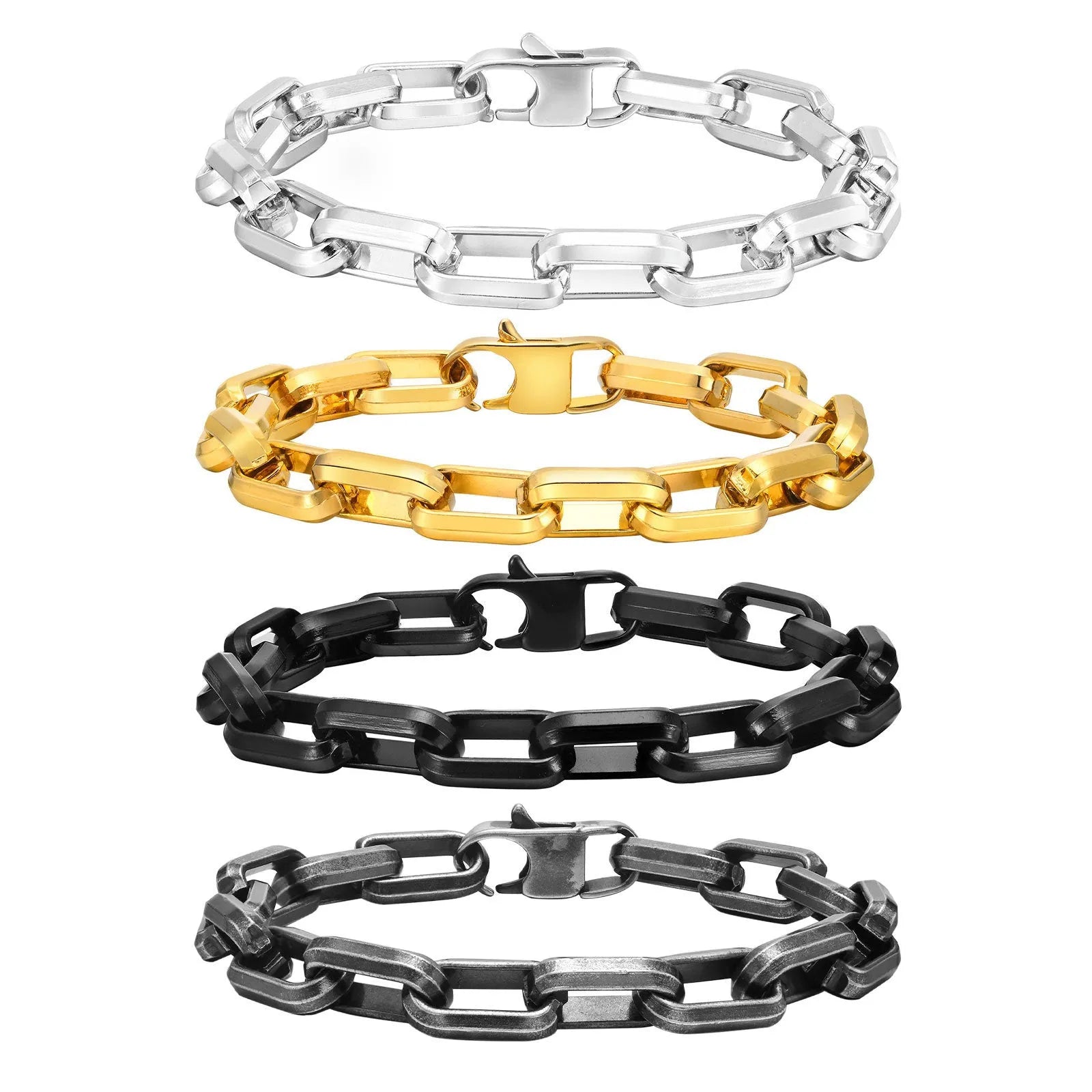 Men's simple square chain titanium steel bracelet in steel, gold, black, and retro colour options.