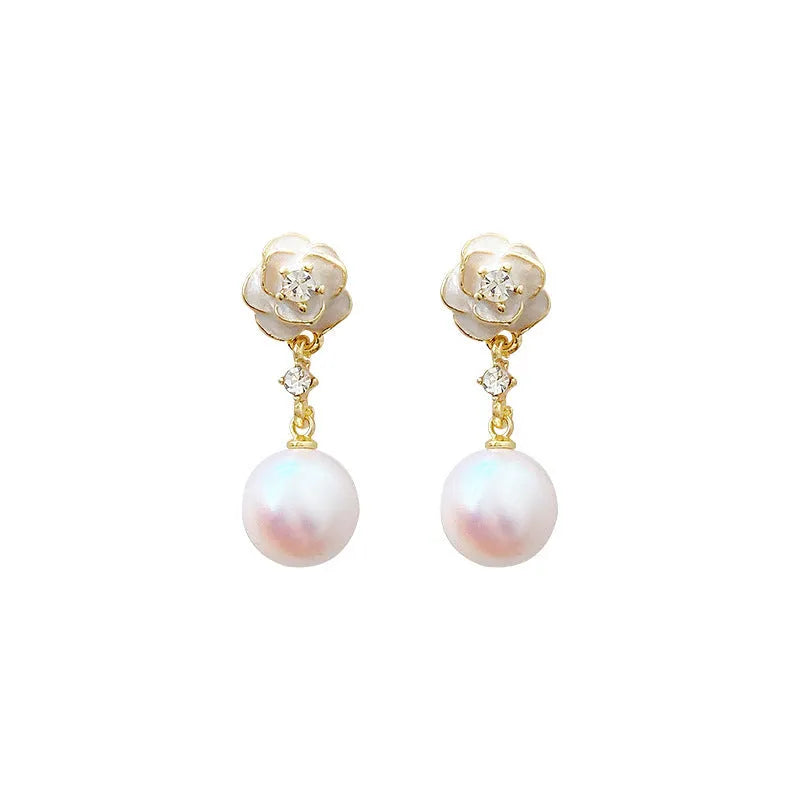 Camellia flower stud earrings for women with detailed floral design and alloy construction