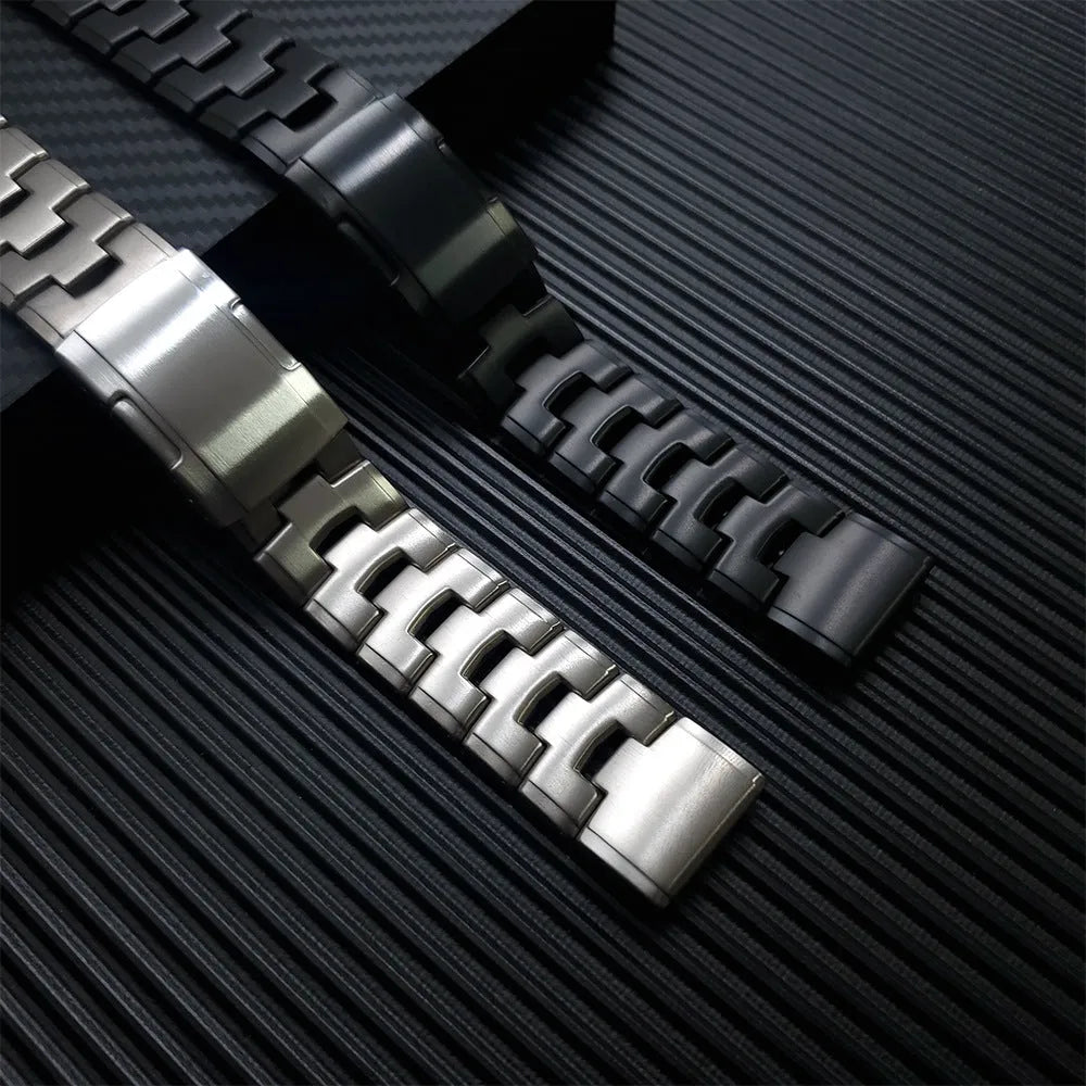 Silver metal replacement strap for Garmin Fenix Jiaming watch on grey background