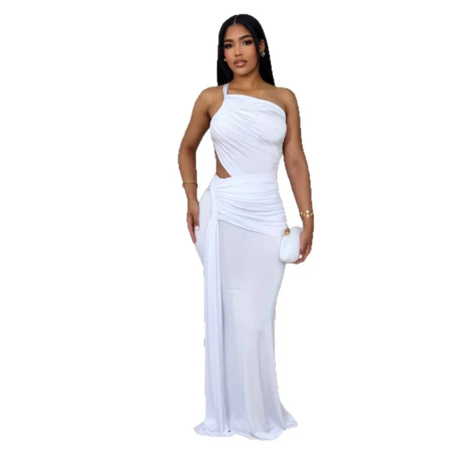 Women's solid colour one-shoulder pleated long dress in milk silk polyester on a model.