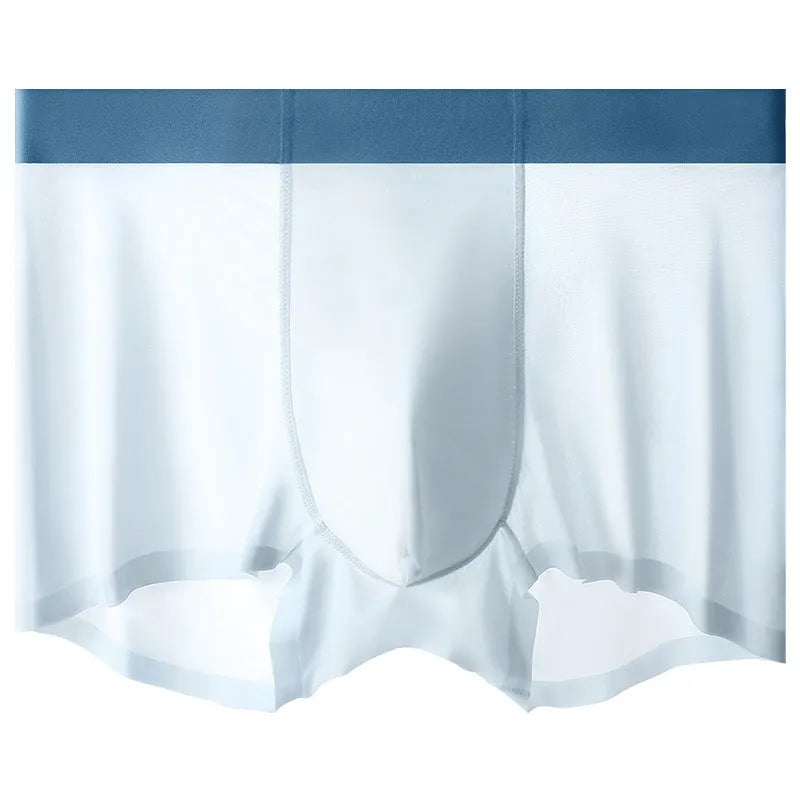Men's solid colour ice silk shorts with mid waist and seamless design on a neutral background.