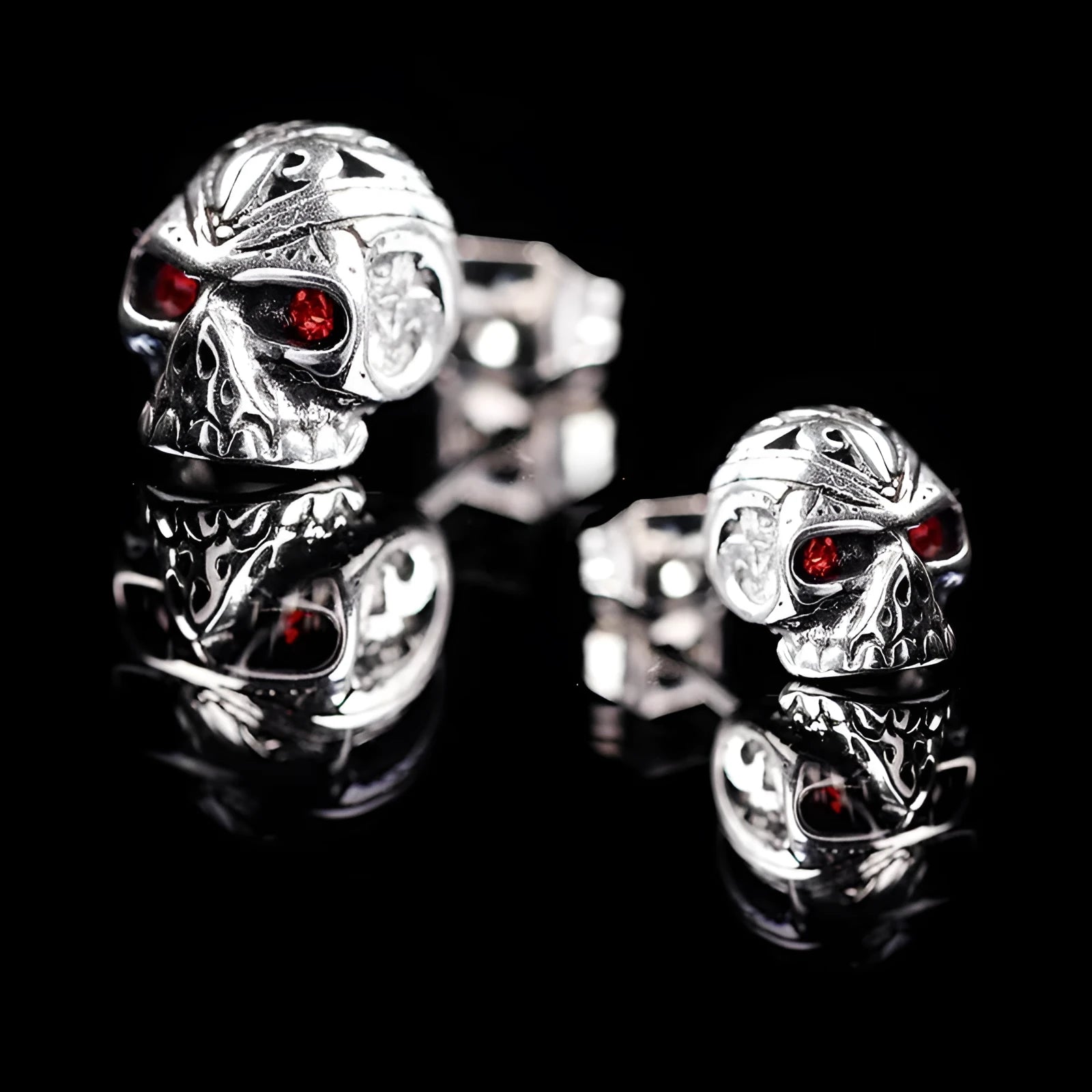 Retro skull stud earrings with red eye ghost head design and alloy construction