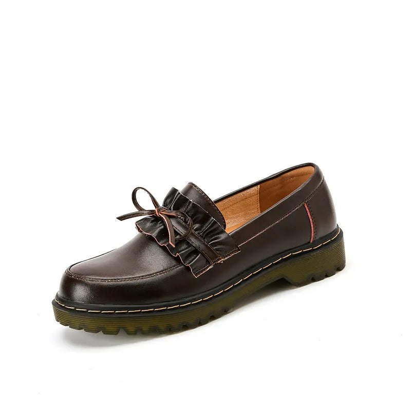 British style women's leather shoes with round toe and chunky flat heel in black or brown