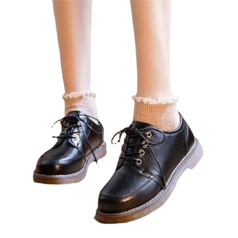 Women's black preppy retro Mary Jane shoes with front lace-up and low square heel