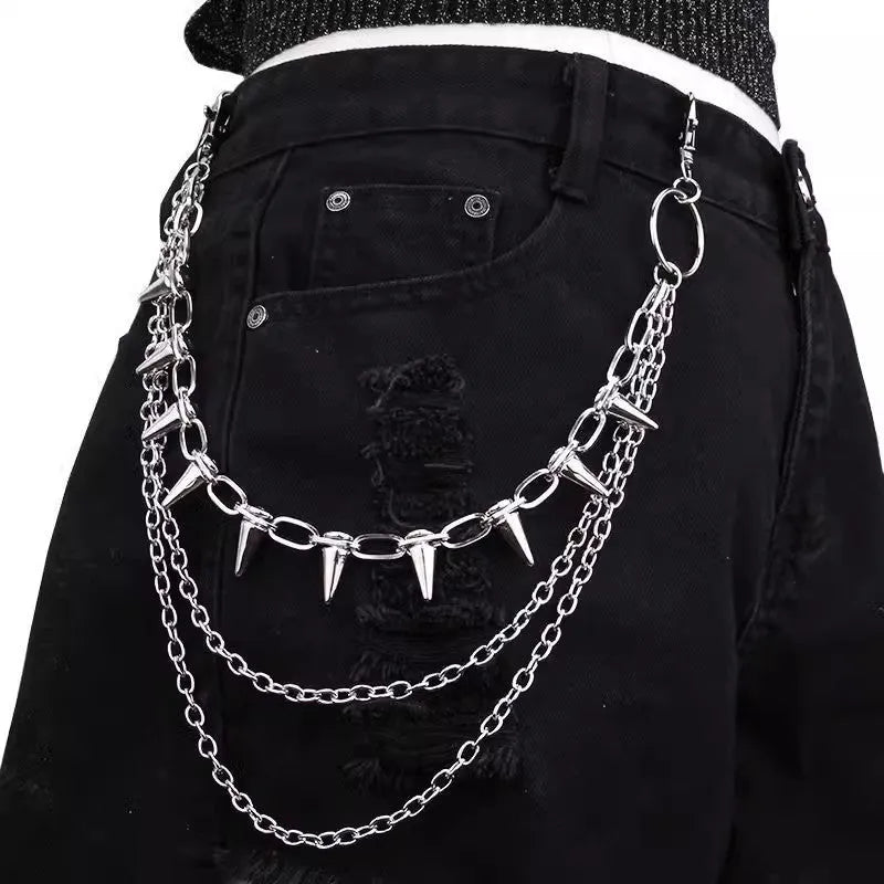 Silver metal waist chain with punk rivets and zipper decoration measuring 115cm length