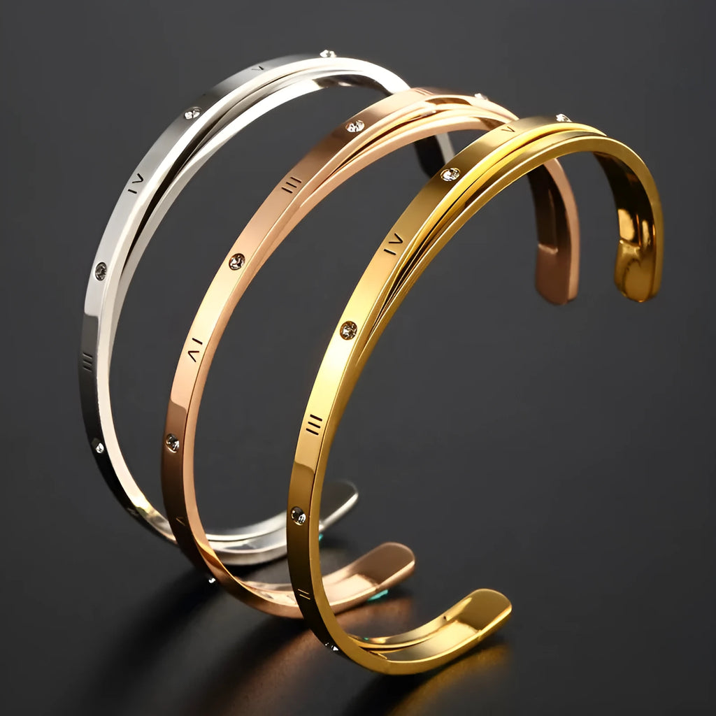 Stainless steel open-ended bracelet with zircon inlay in gold, rose, or steel colour options