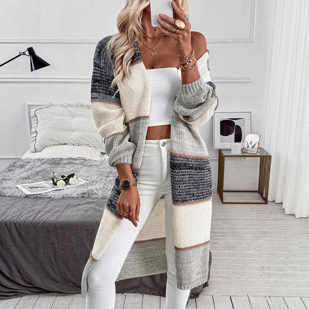 Grey loose-fit long knitted cardigan for women with stripe or plaid pattern